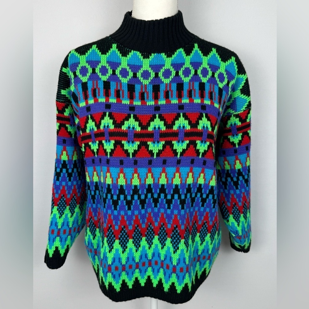 Vintage Croquet Club Turtleneck Sweater Mock Neck Colorful 1980s Large